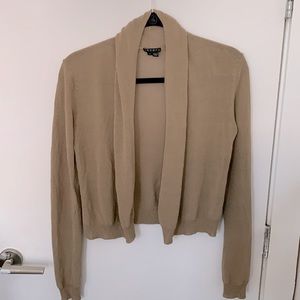 Theory camel/taupe shawl collar cardigan, draped front, loose silky weave (S/P)